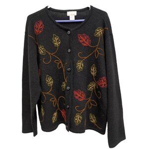Vintage‎ K.B Collections Granny Cardigan Womens Large Black Leaf Embroidered